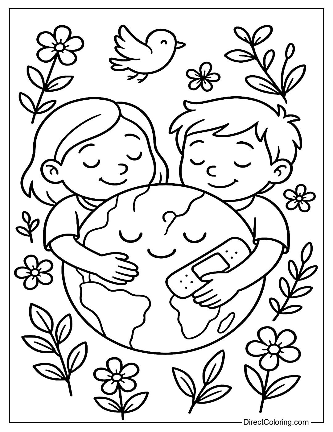 A coloring page of children hugging the earth with bandages, surrounded by flowers, trees and birds.